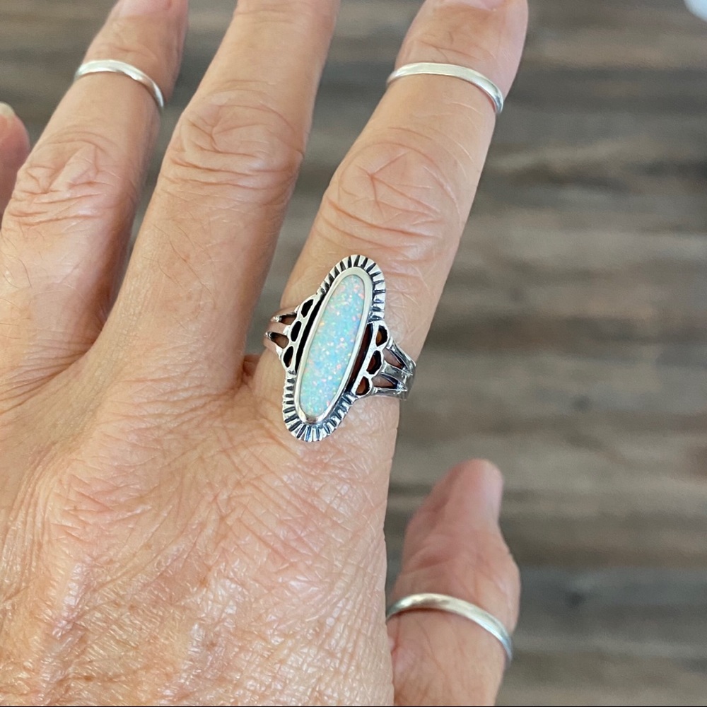 😍TOP SELLER😍 Silver Etched White Lab Opal Ring, Statement Ring, Silver Rings - Picture 3 of 8
